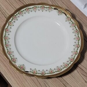 Vintage MZ Austria Porcelain Plate Gold Trim Pink Green Floral Scalloped Edge